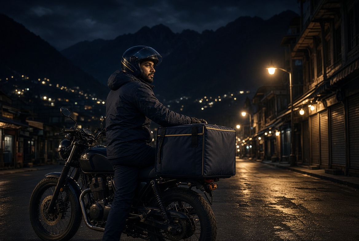 DropUp rider ready for evening deliveries in a mountain town